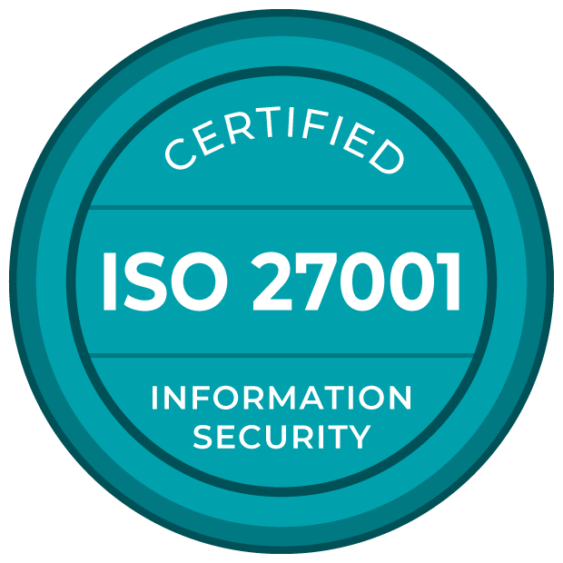 Circular badge displaying "Certified ISO 27001 Information Security" in white text on a teal background.