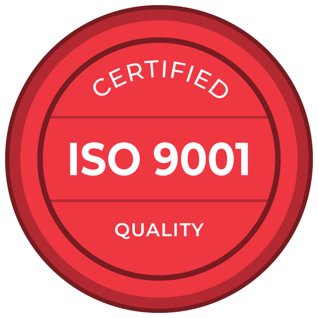 Red circular badge displaying "Certified ISO 9001 Quality," indicating certification for ISO 9001 quality management standards.